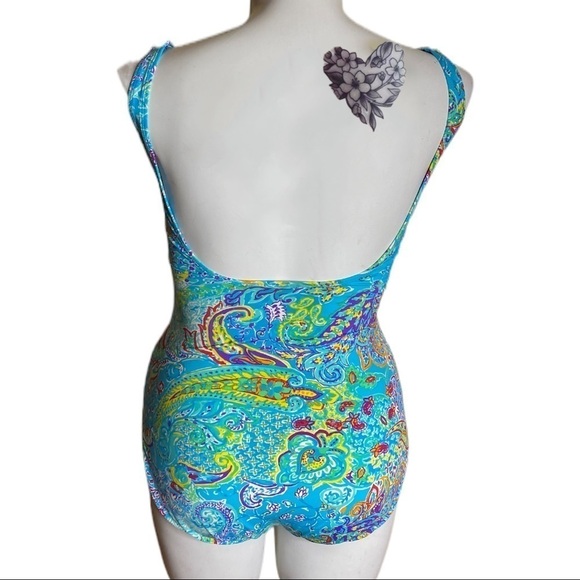 Lauren Ralph Lauren Multi Paisley Shirred Surplice Underwire Slimming Suit Sz 14 - Picture 5 of 9
